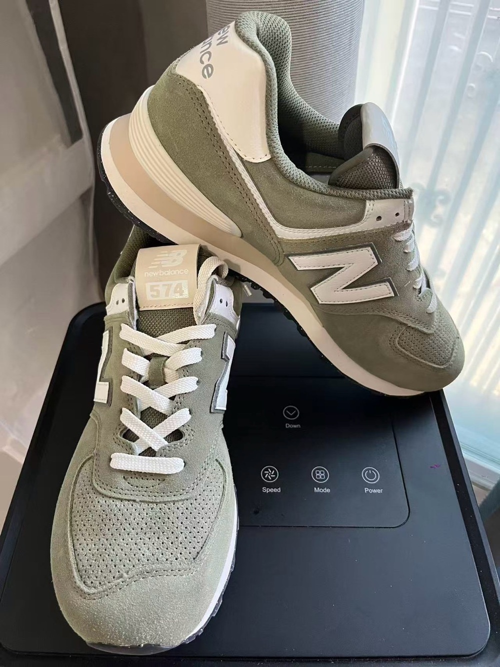 New Balance Olive Green and White 574 Suede Sneakers